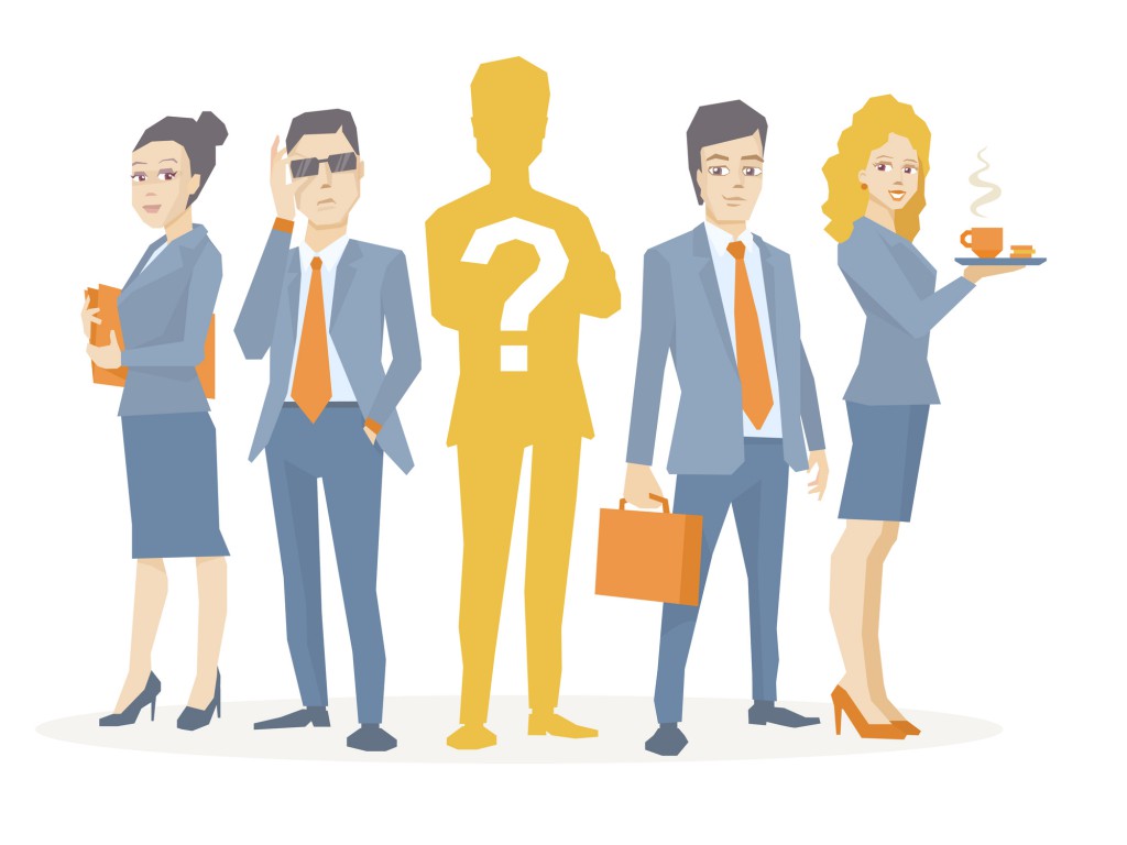 Vector illustration of a business team standing together in the center is the chief silhouette with a question mark on a white background
