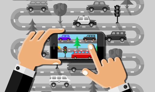 Hands makes a picture in the street with smartphone