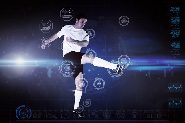 Football player in white kicking against blue dots on black background