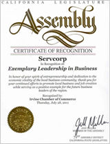 サーブコープがカリフォルニア州議会より受けた表彰状 サーブコープがカリフォルニア州議会より受けた表彰状